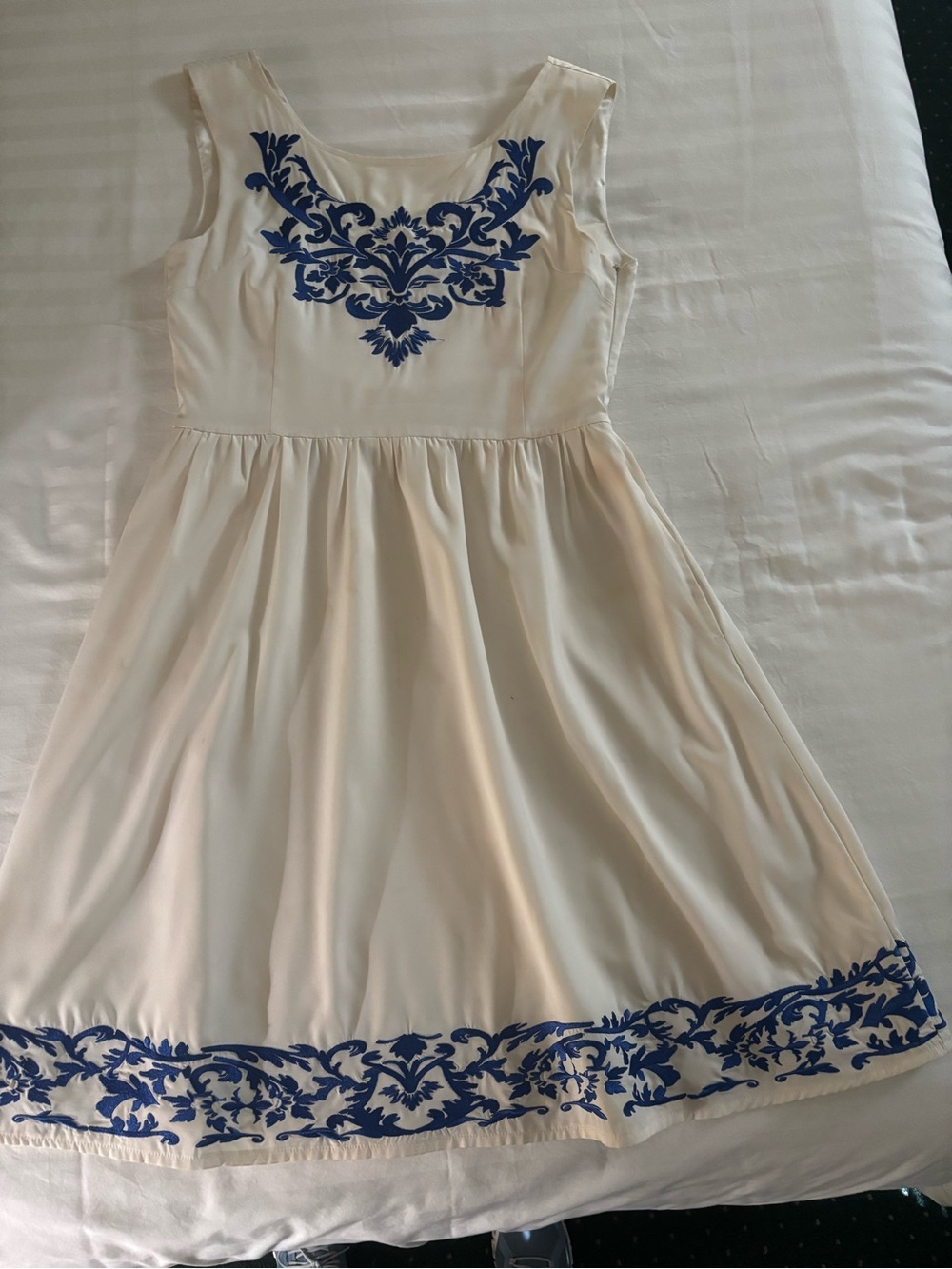 Women’s Cream Dress with Blue Floral Embroidery